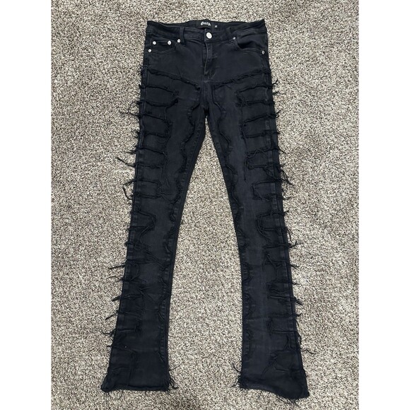 Guapi Mens Black Obsidian Blood Diamond Stacked Denim Fringe Pants Size 32x34 - Picture 1 of 11